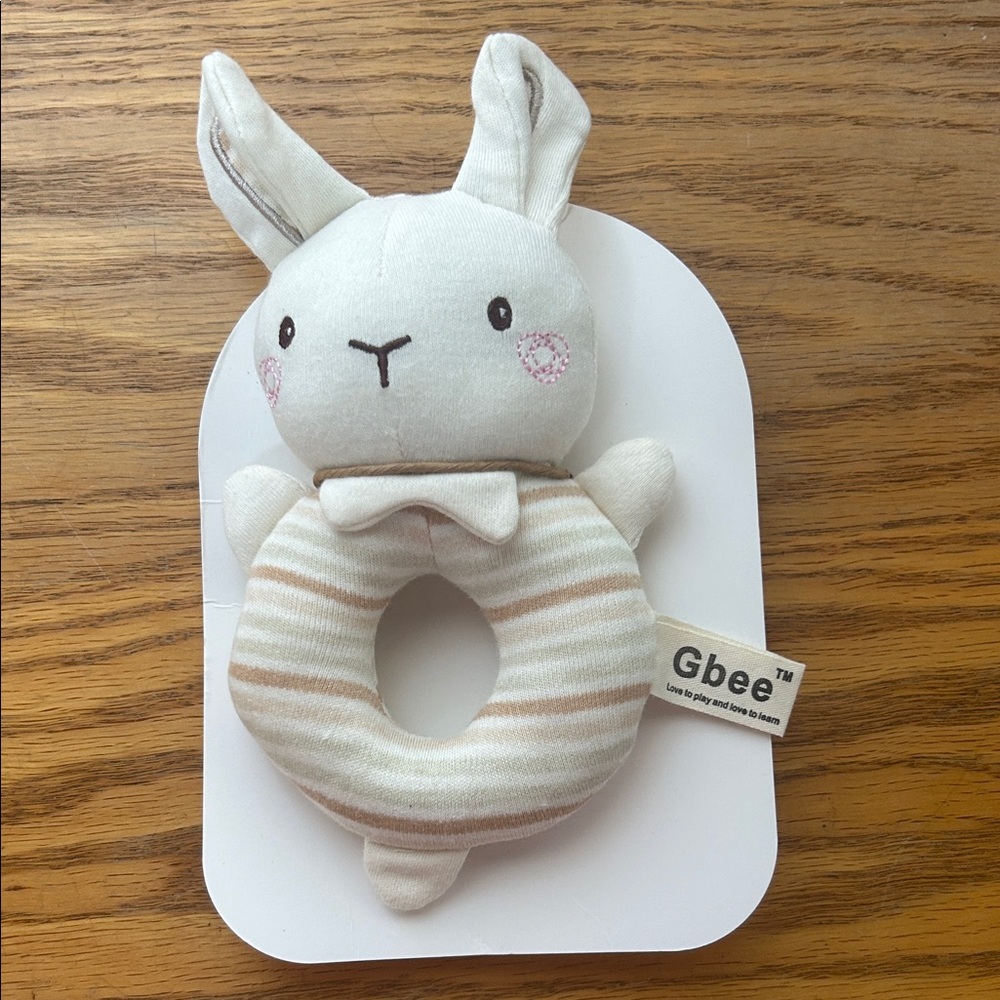 White and Tan Bunny Rattle Toy